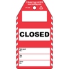 CLOSED (valve) information tag, English, Black on Red, White, 80,00 mm (W) x 150,00 mm (H)
